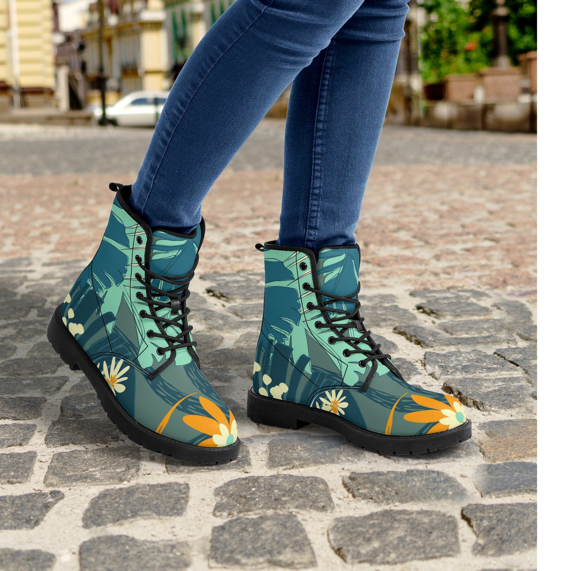 Women's Custom Jungle Blues Tropical Print Leather Boots