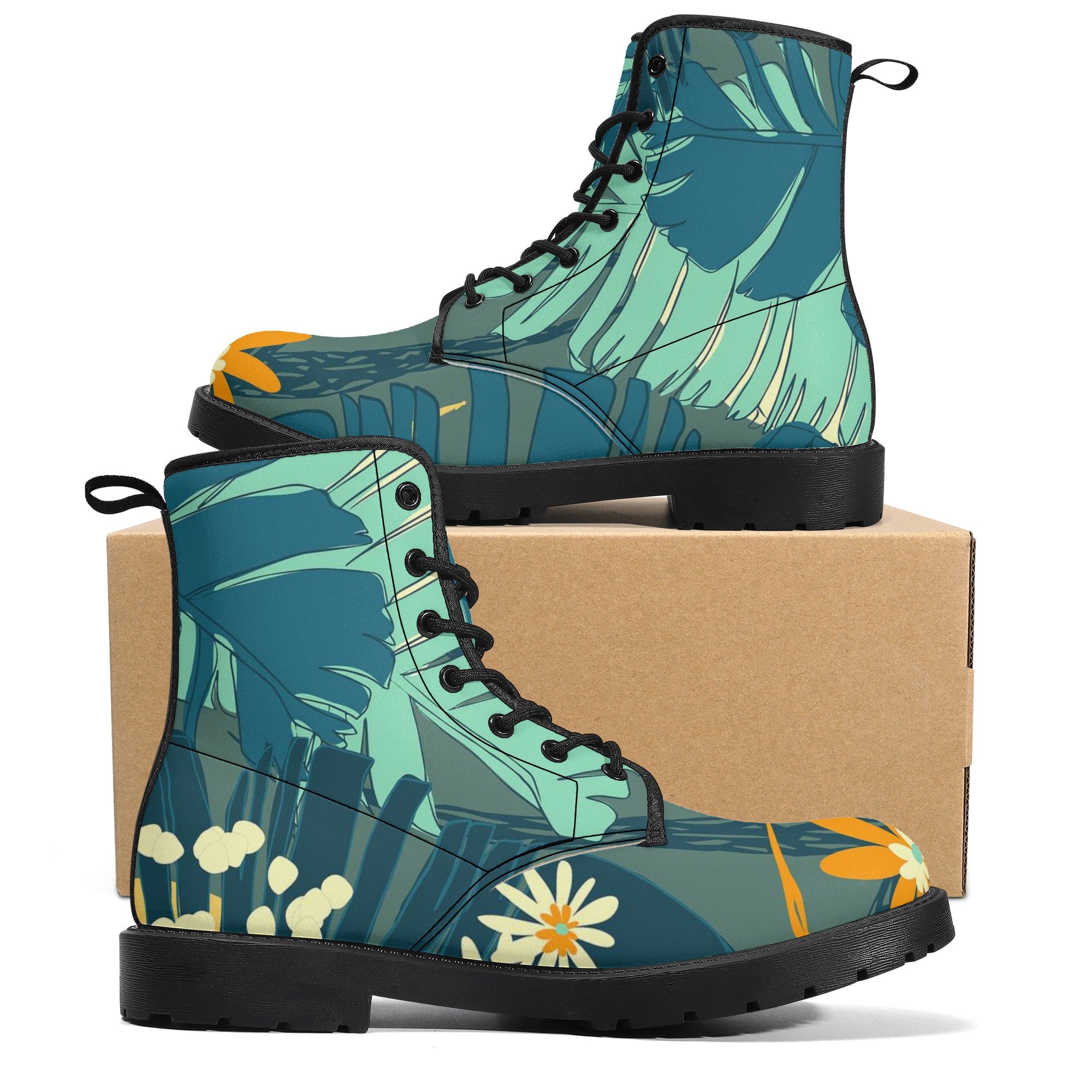 Women's Custom Jungle Blues Tropical Print Leather Boots