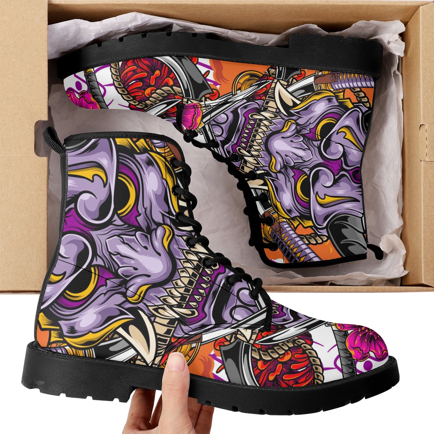 Women's Hannya Mask Graphic Leather Combat Boots