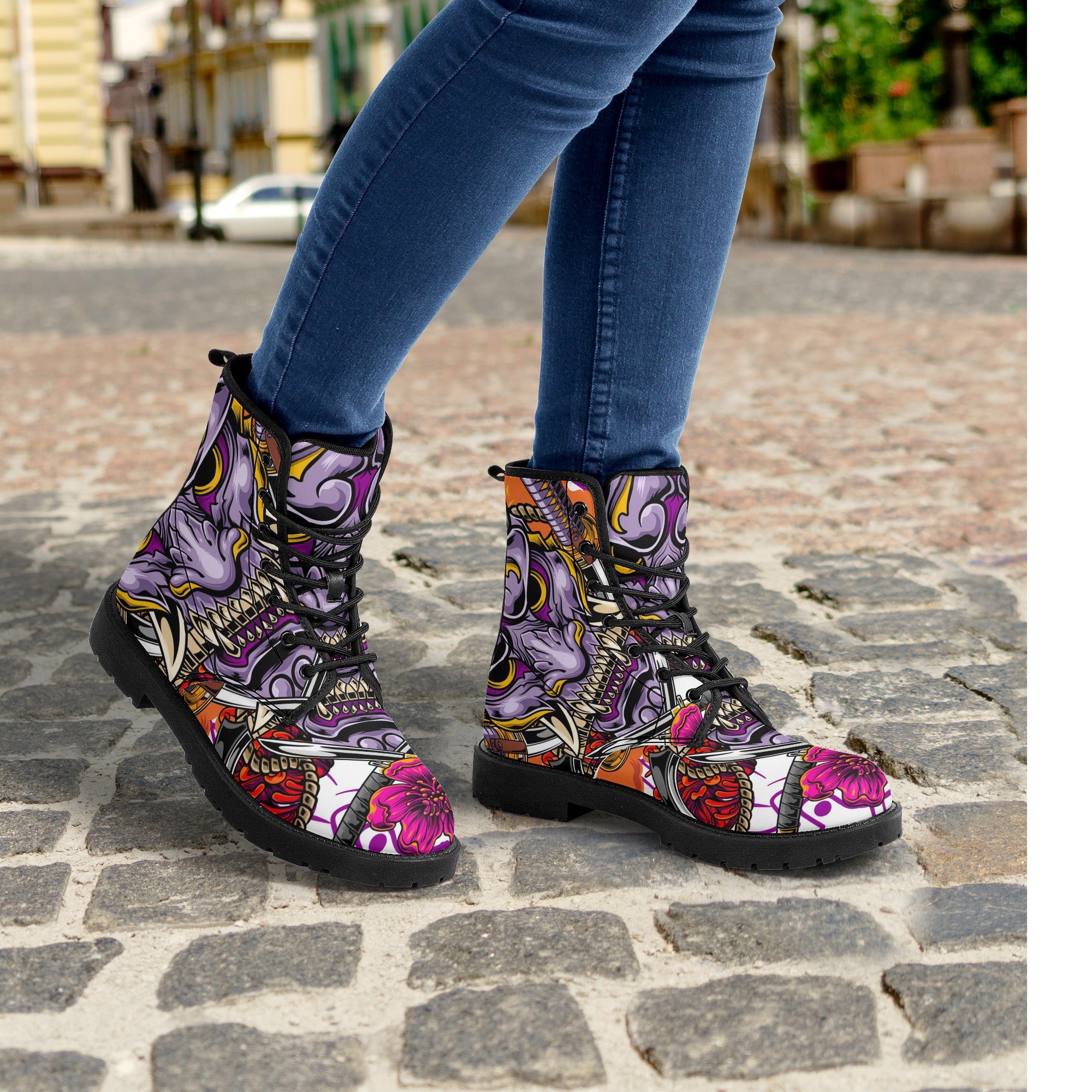 Women's Hannya Mask Graphic Leather Combat Boots