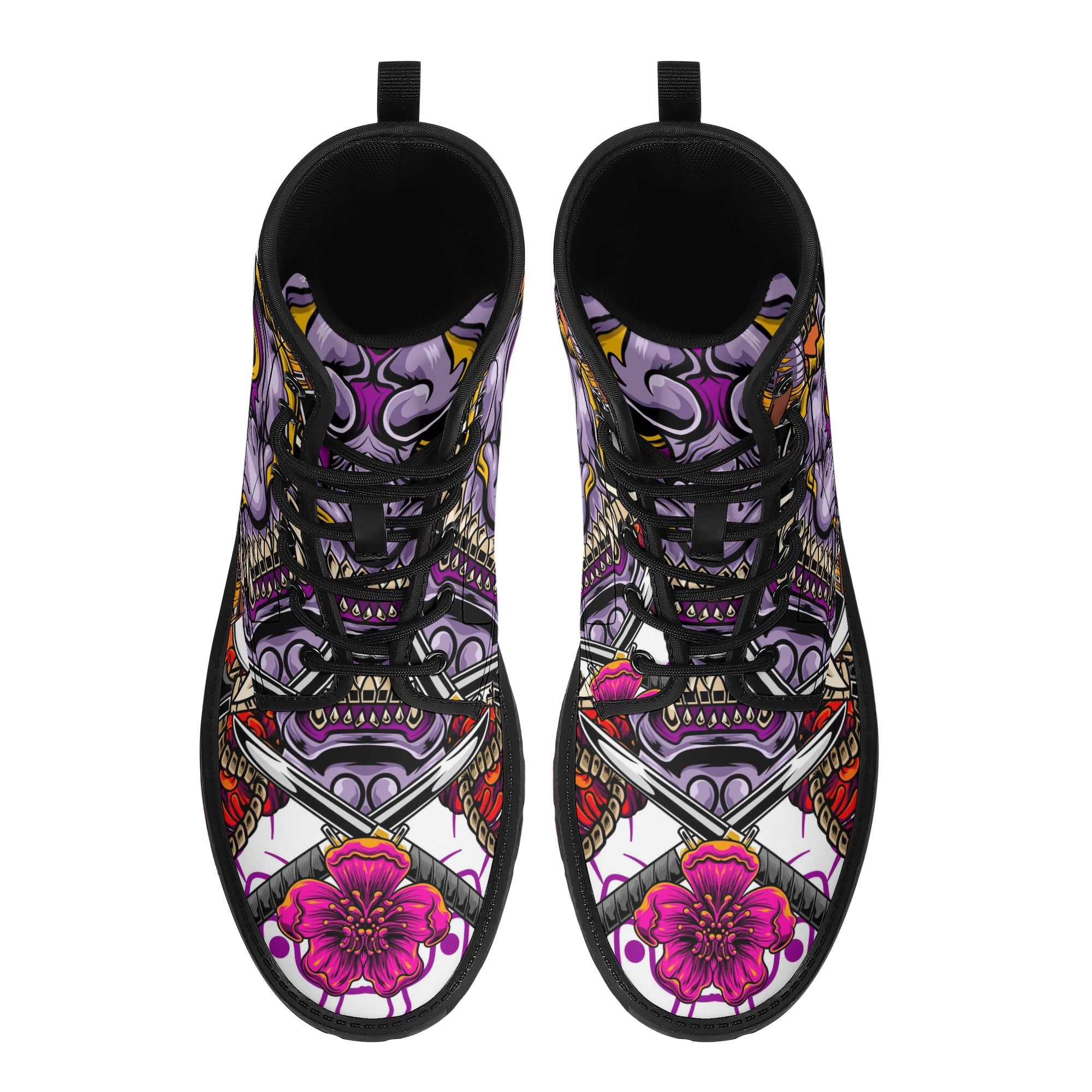 Women's Hannya Mask Graphic Leather Combat Boots