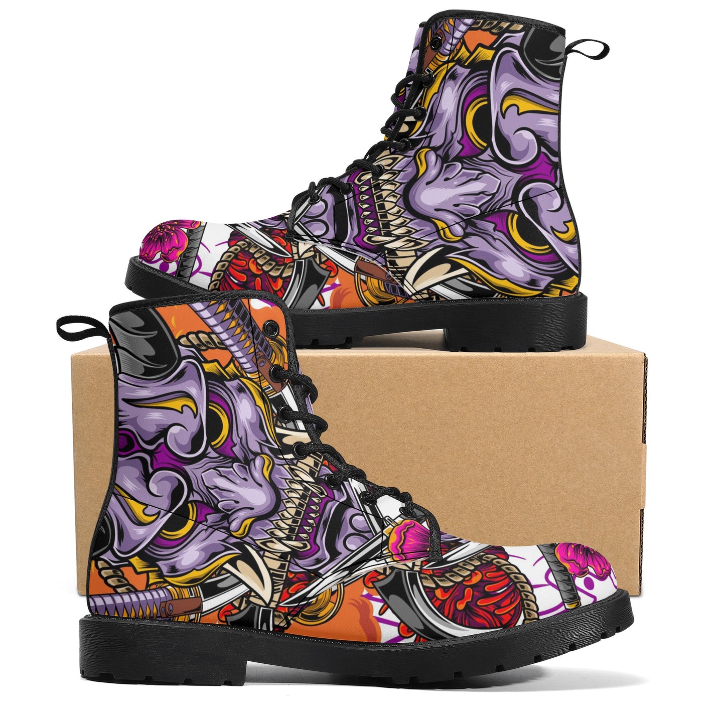 Women's Hannya Mask Graphic Leather Combat Boots