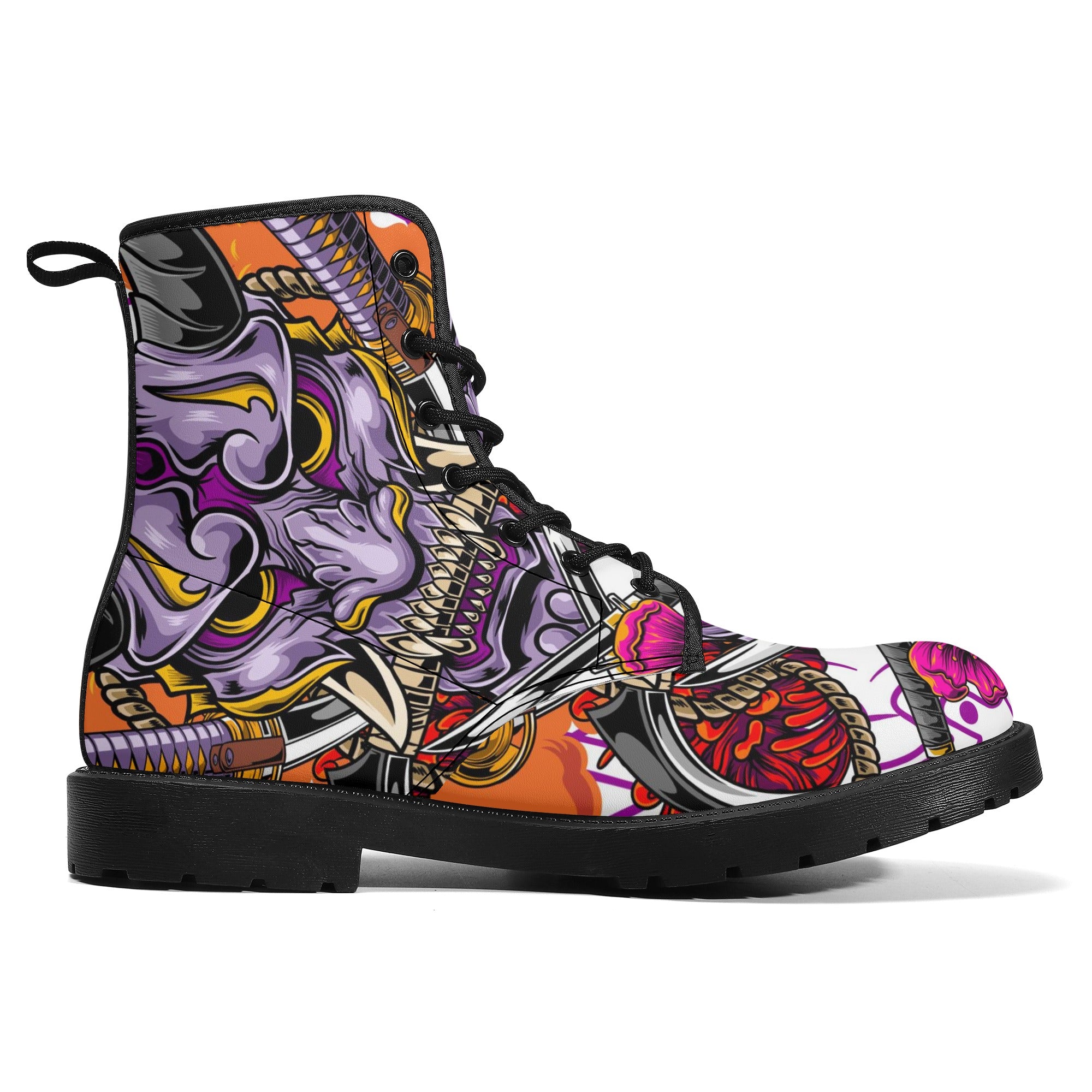 Women's Hannya Mask Graphic Leather Combat Boots