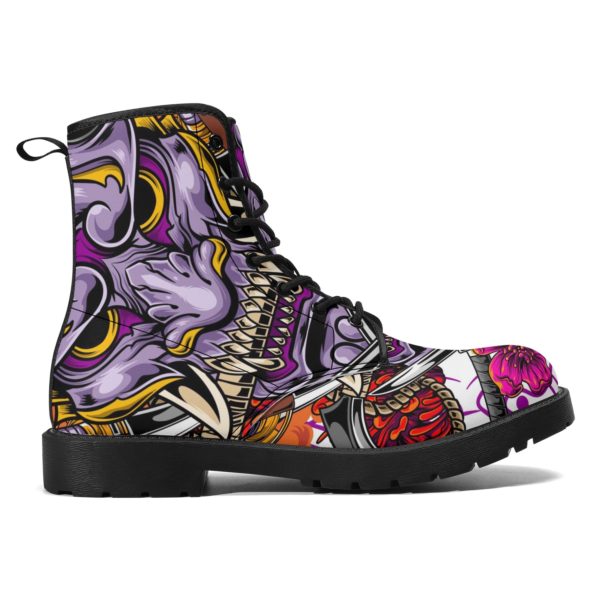 Women's Hannya Mask Graphic Leather Combat Boots