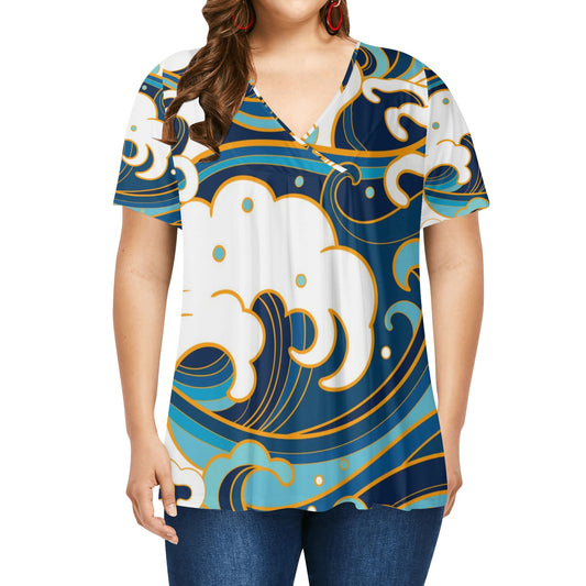 Women's Deep Ocean Tropical Print Oversized V Neck Loose Shirt up to 8XL