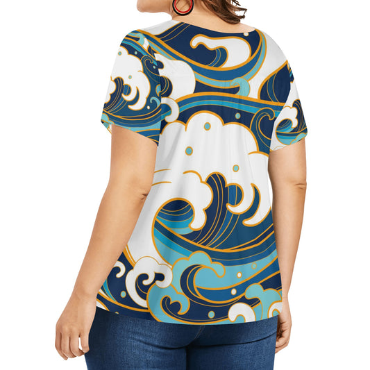 Women's Deep Ocean Tropical Print Oversized V Neck Loose Shirt up to 8XL