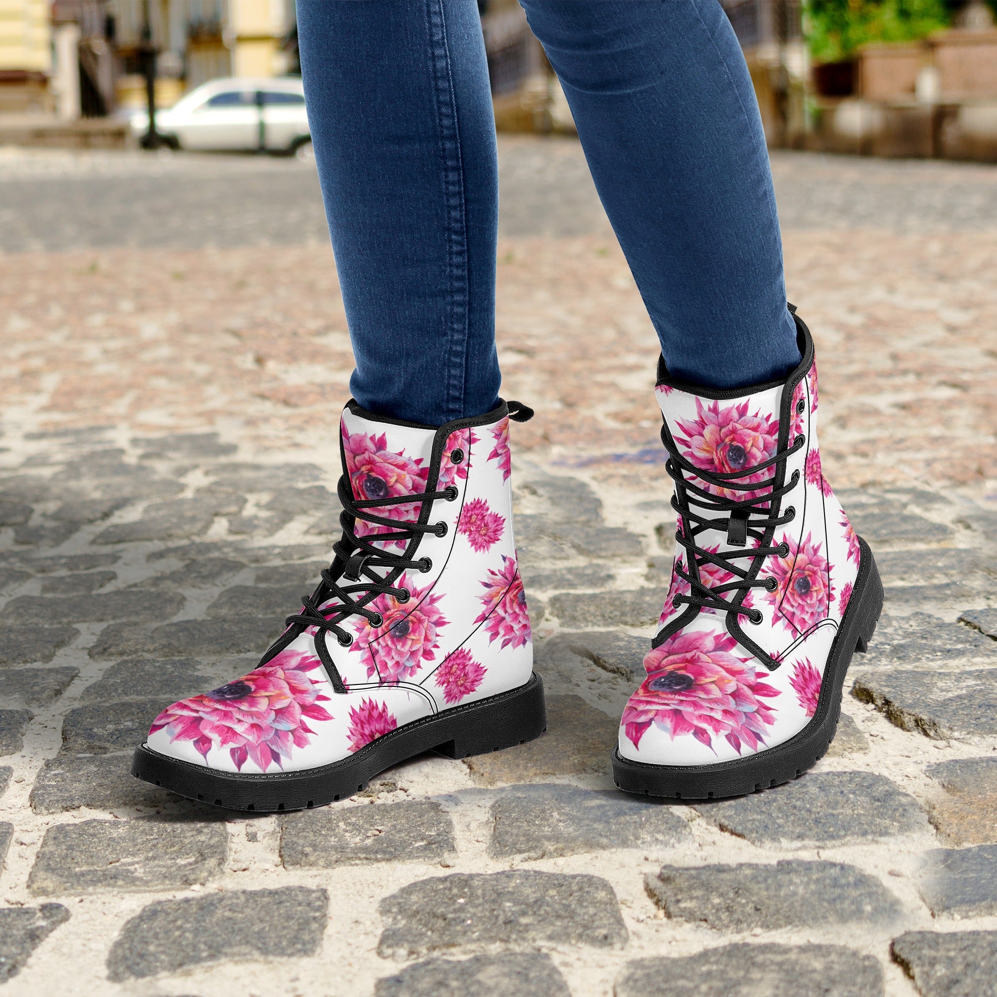 Luxe Pink Flower Women's Leather Boots