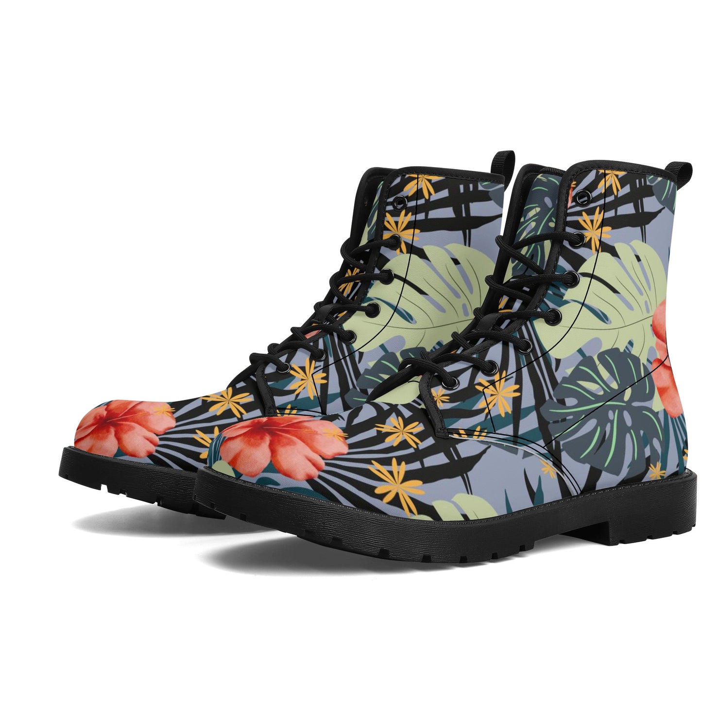Hawaiian Hibiscus Men's Leather Combat Boots