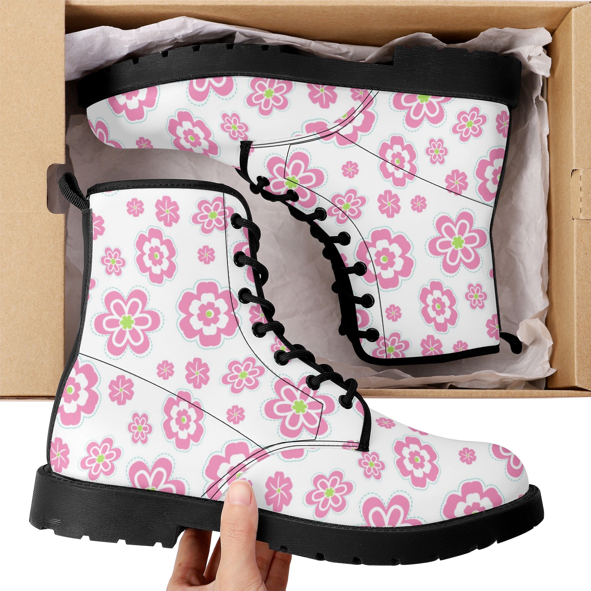 Womens Retro Pink Flowers Boots