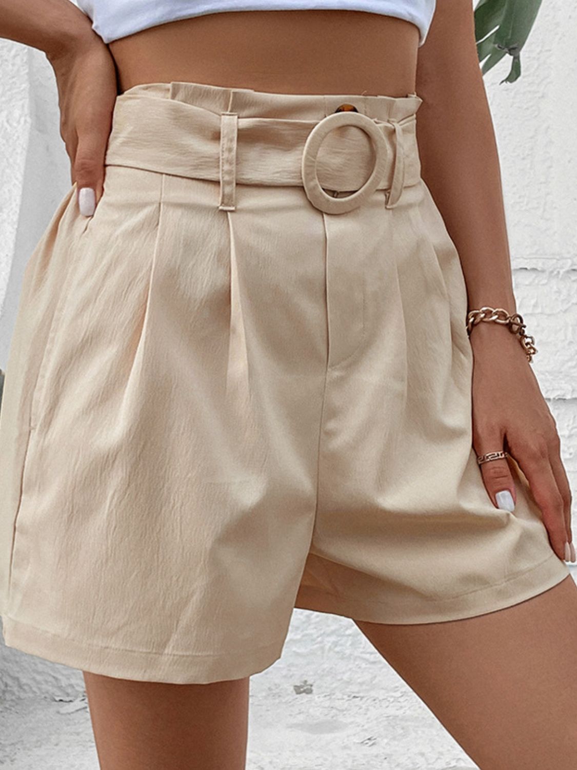 Belted Cream Resort Shorts with Pockets