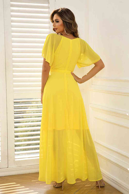 Lemon Yellow Flutter Sleeve Maxi Dress