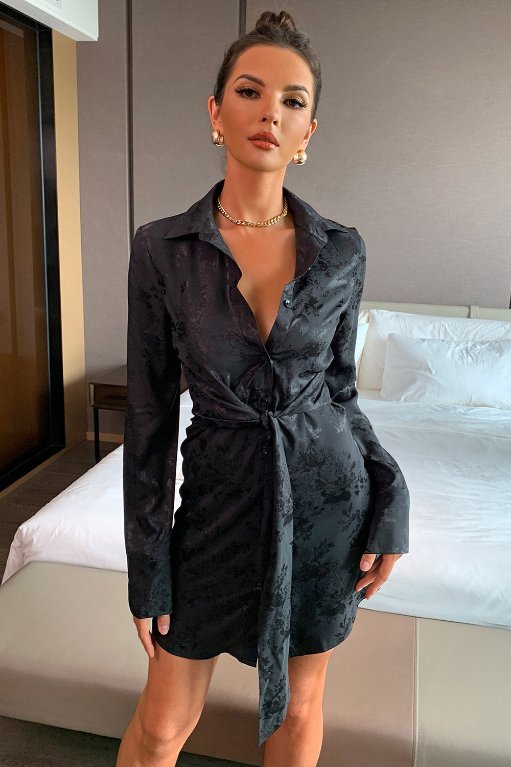 Black Long Sleeve Resort Shirt Dress