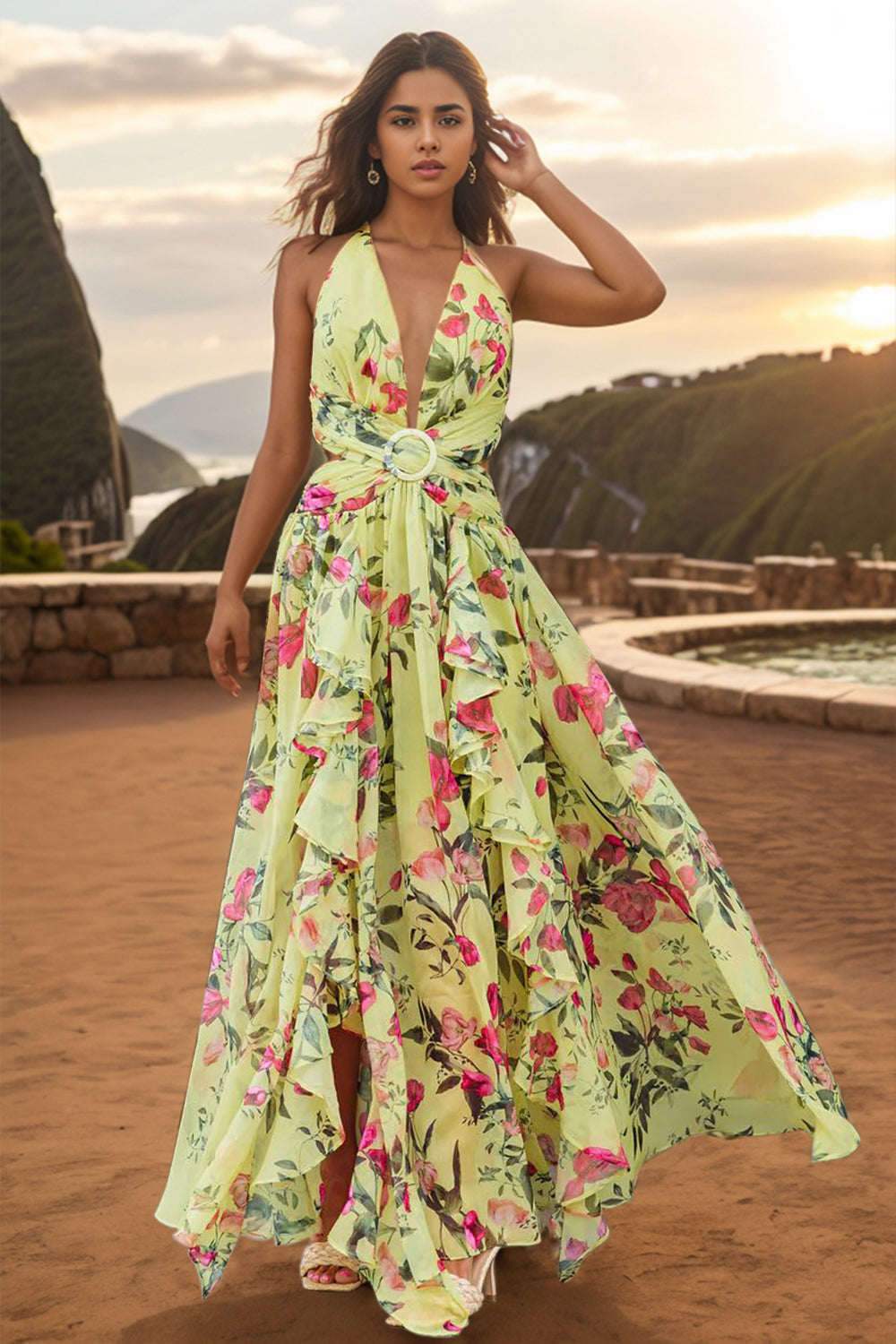 Floral Tie Waist Backless Plunge Resort Maxi Dress