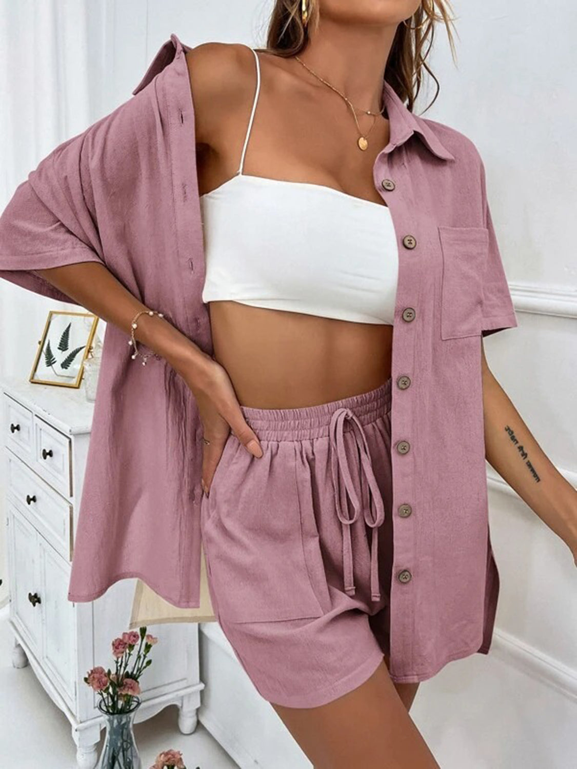 Button Up Shirt and Drawstring Resort Shorts Set