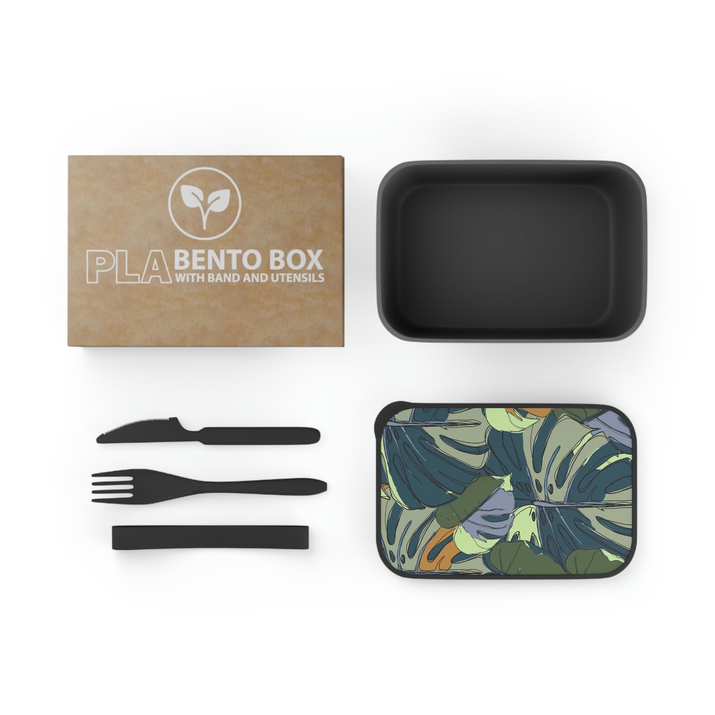 Hawaii Monstera Collection Bento Box, PLA Bento Box with Band and Utensils