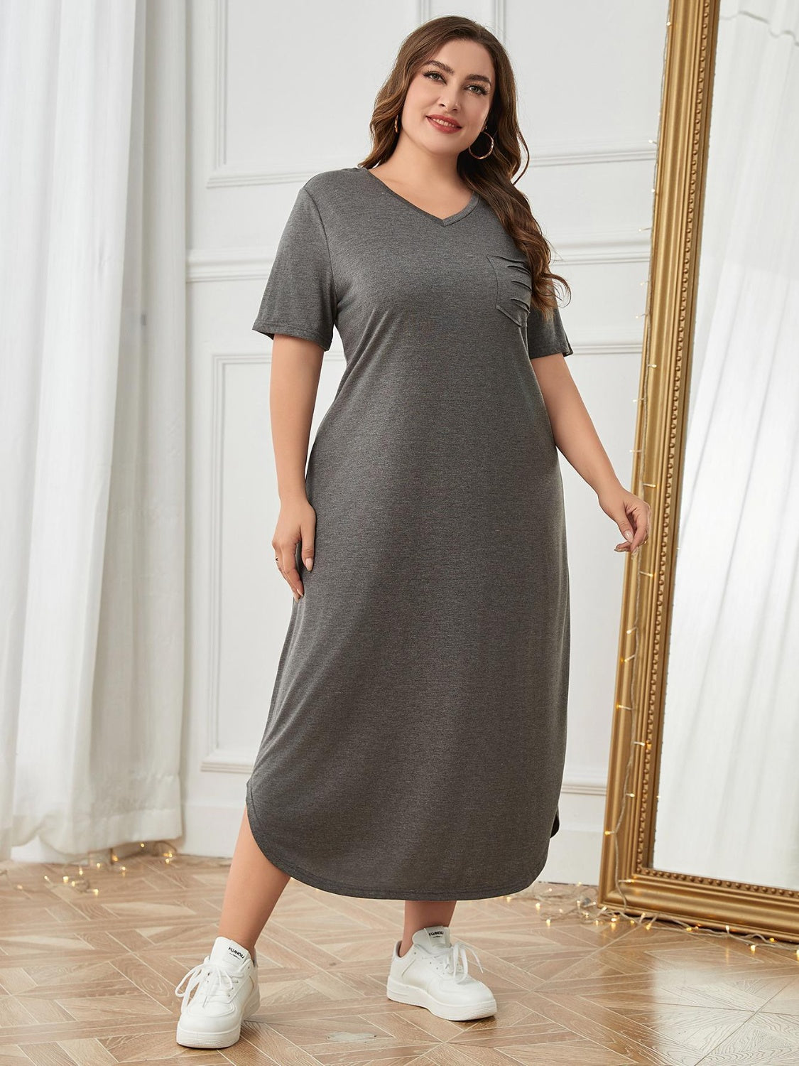 Plus Size Pocketed V-Neck Short Sleeve Beach Dress