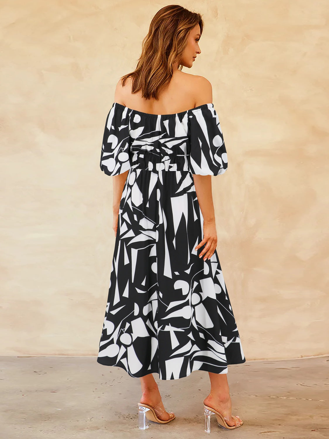 Tropical Off-Shoulder Balloon Sleeve Dress