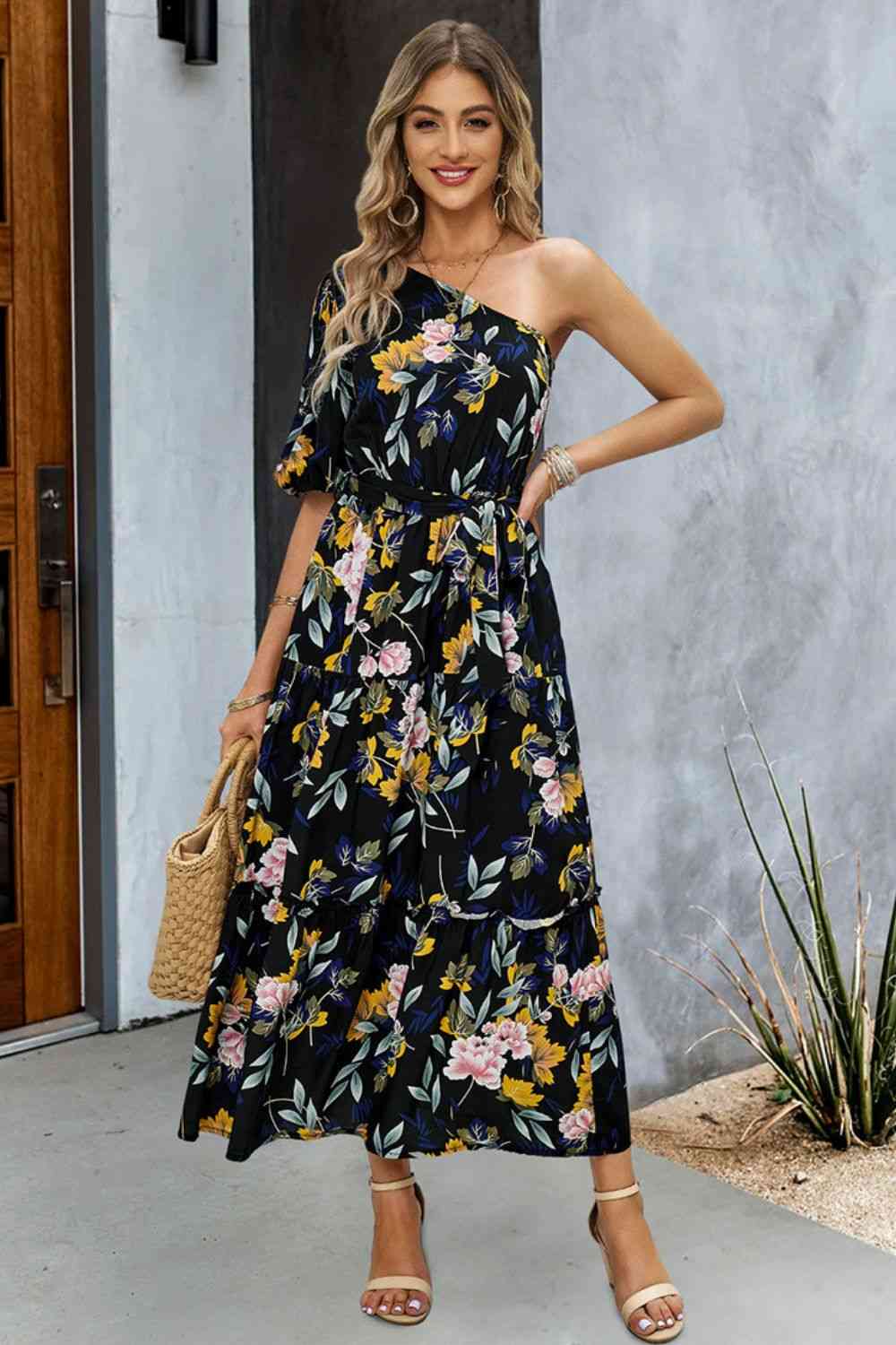 One-Shoulder Tie Belt Resort Maxi Dress