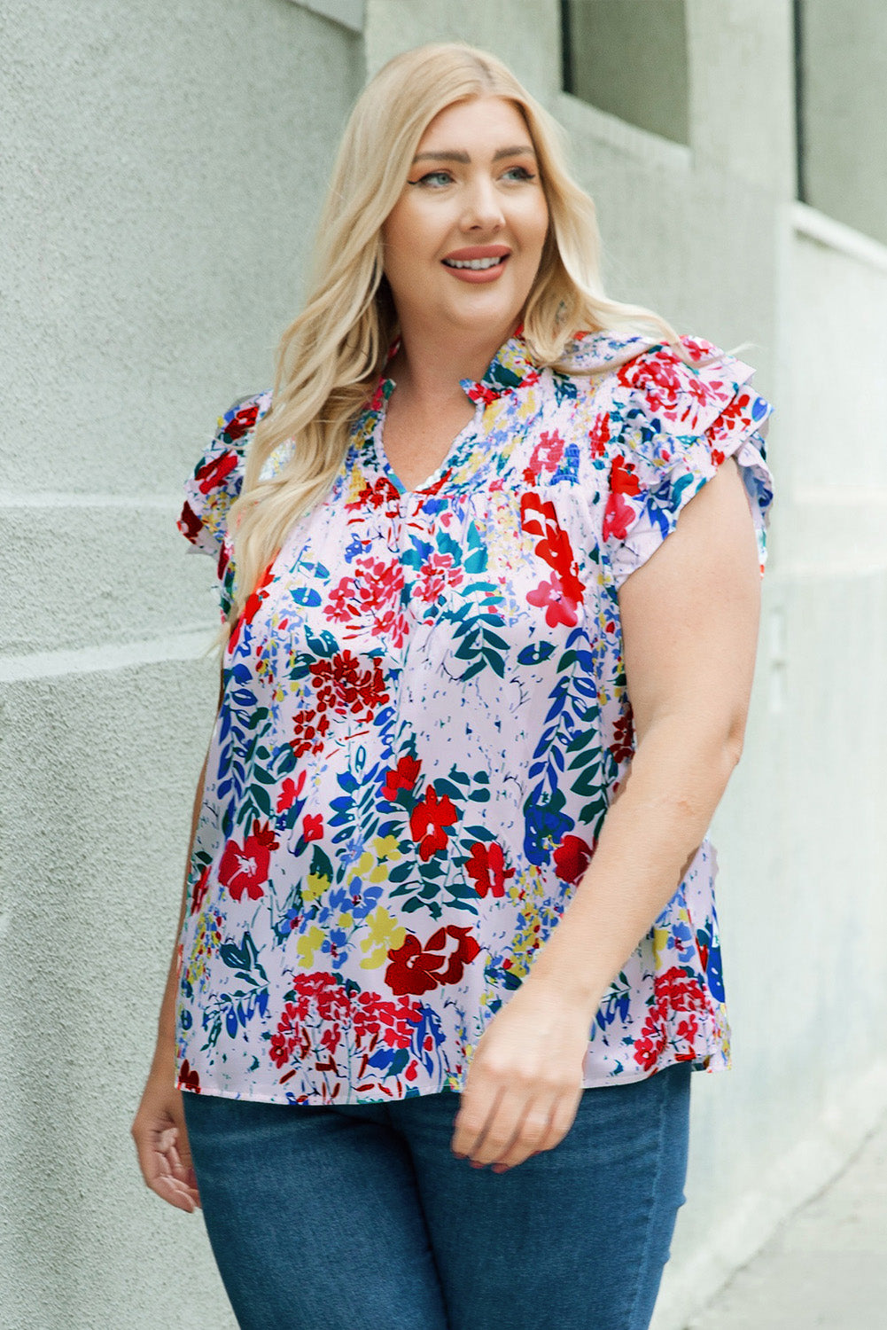 Plus Size Floral Flutter Sleeve Vacation Top