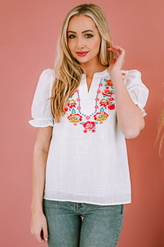 Embroidered Flowers Vacation Top