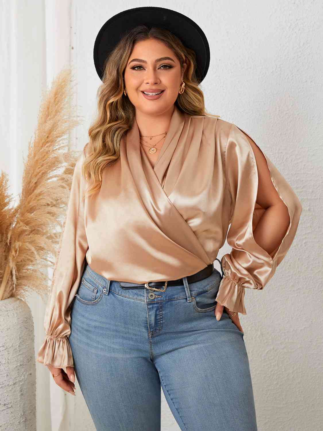 Plus Size Flounce Sleeve Gold Resort Blouse