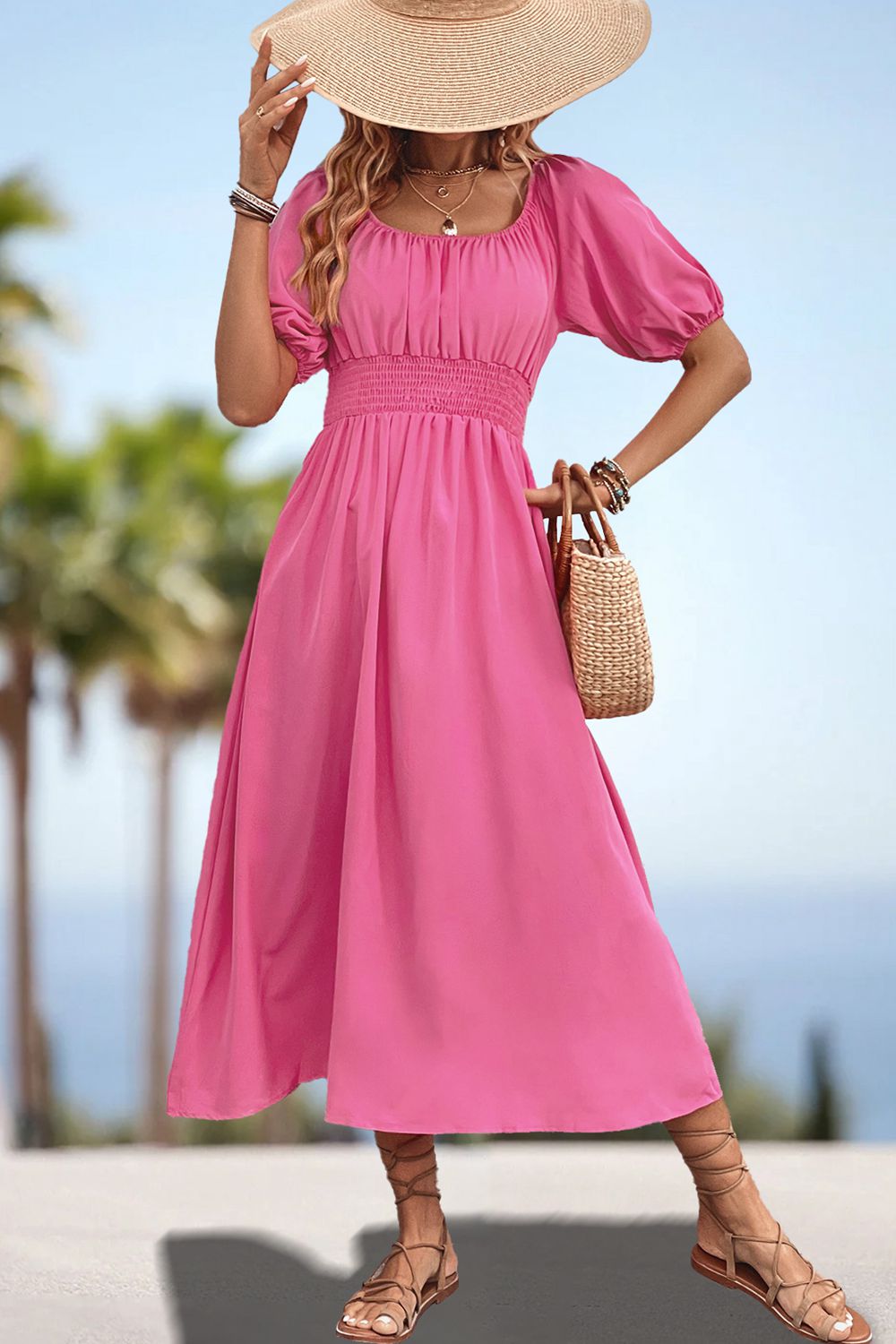 Women's Square Neck Puff Sleeve Resort Midi Dress