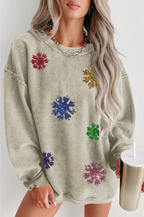 Christmas Sequin Snowflake Round Neck Sweatshirt