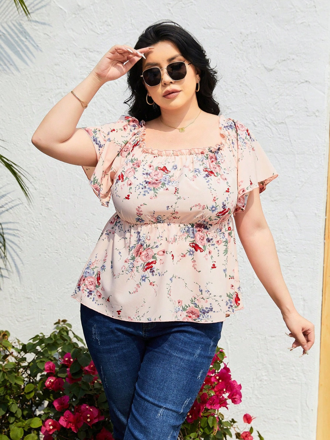 Plus Size Frill Printed Summer Top