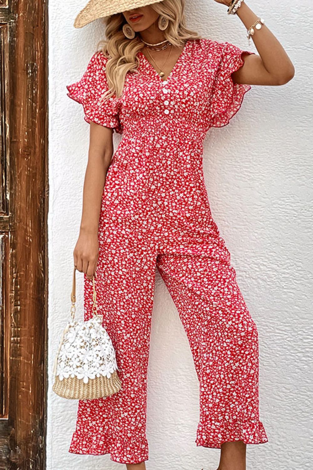 Floral Tie Back Ruffled Vacation Jumpsuit