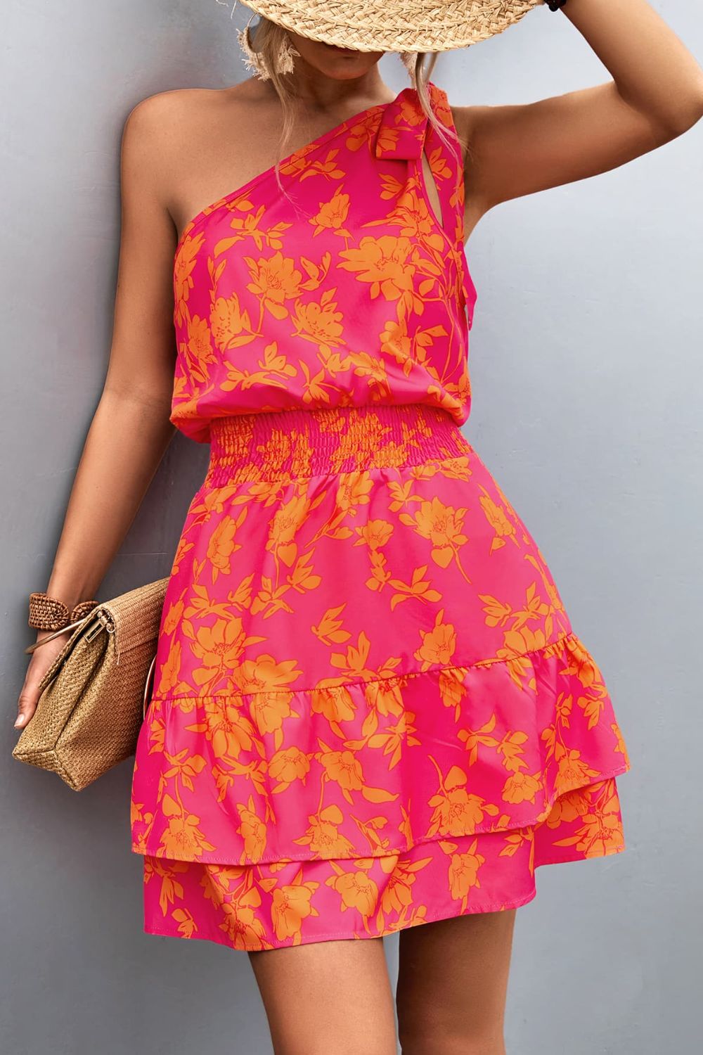 Tropical Tied Single Shoulder Short Resort Dress