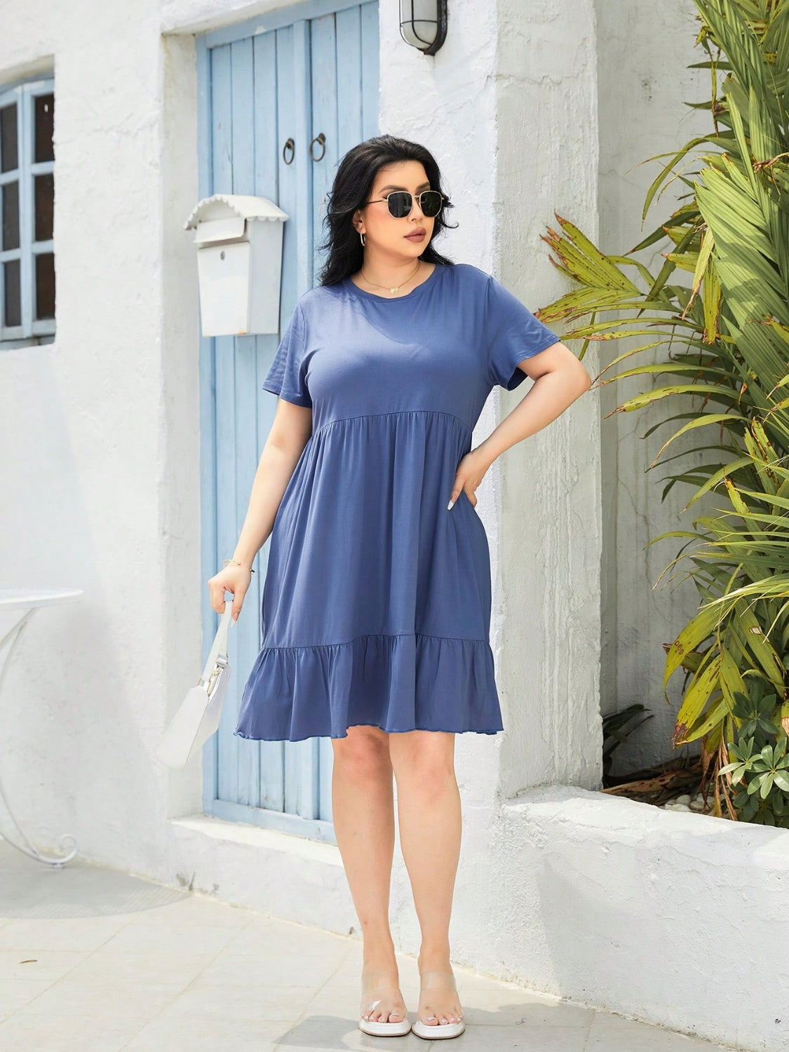 Plus Size Round Neck Short Sleeve Beach Dress