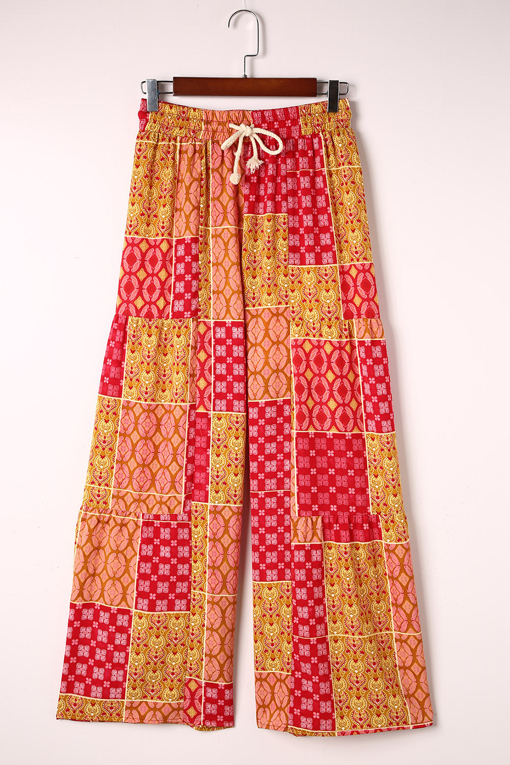 Bohemian Patchwork Drawstring Wide Leg Resort Pants