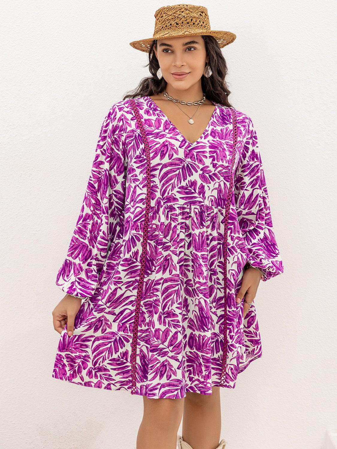 Plus Size Printed V-Neck Mini Vacation Dress