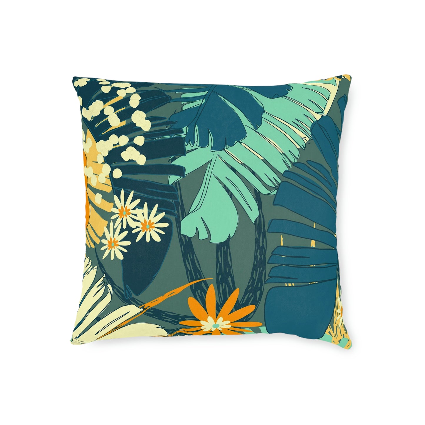 Jungle Blues Tropical Print Square Pillow