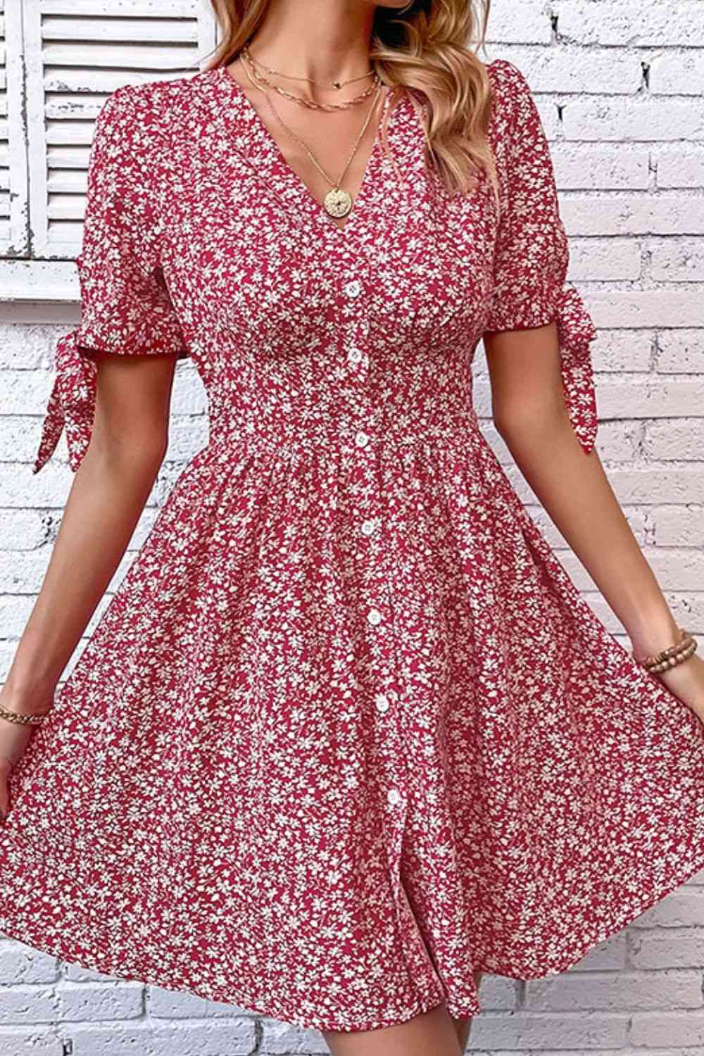Floral Tied Puff Sleeve Button Front Summer Sundress