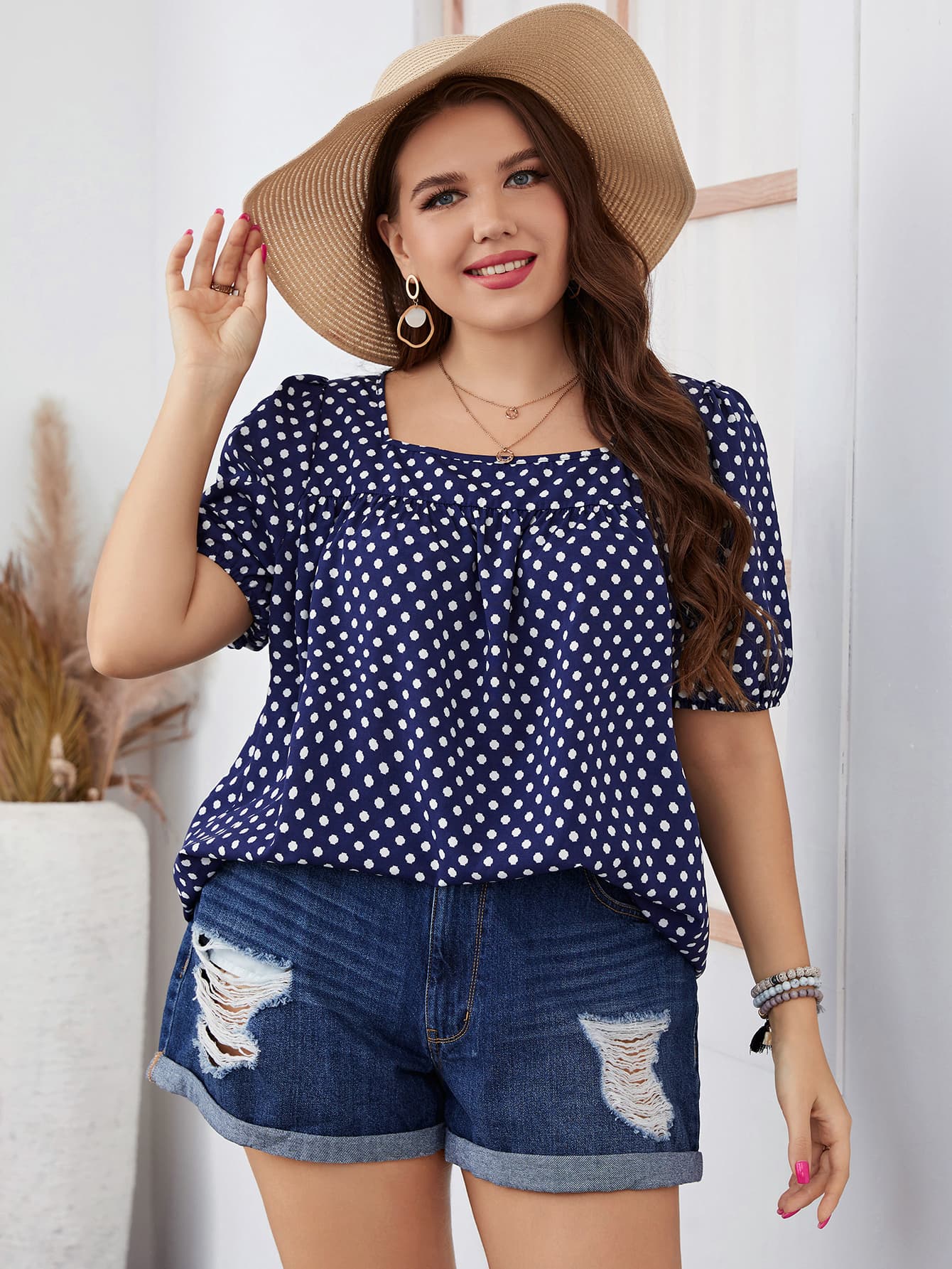 Plus Size Polka Dot Resort Vacay Blouse