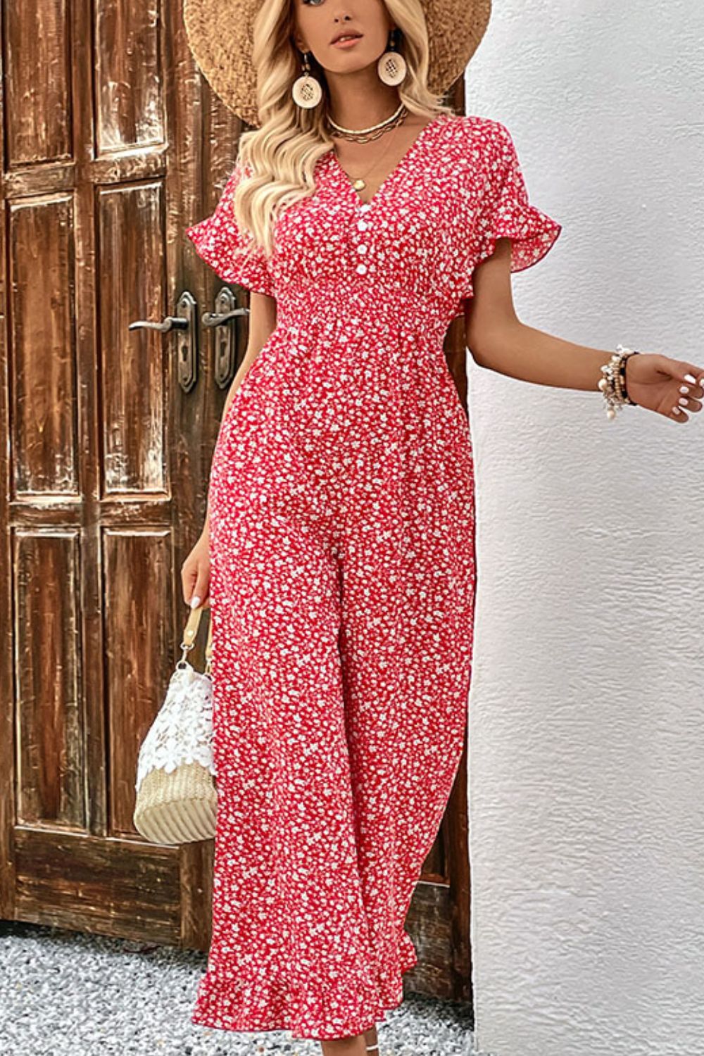 Floral Tie Back Ruffled Vacation Jumpsuit