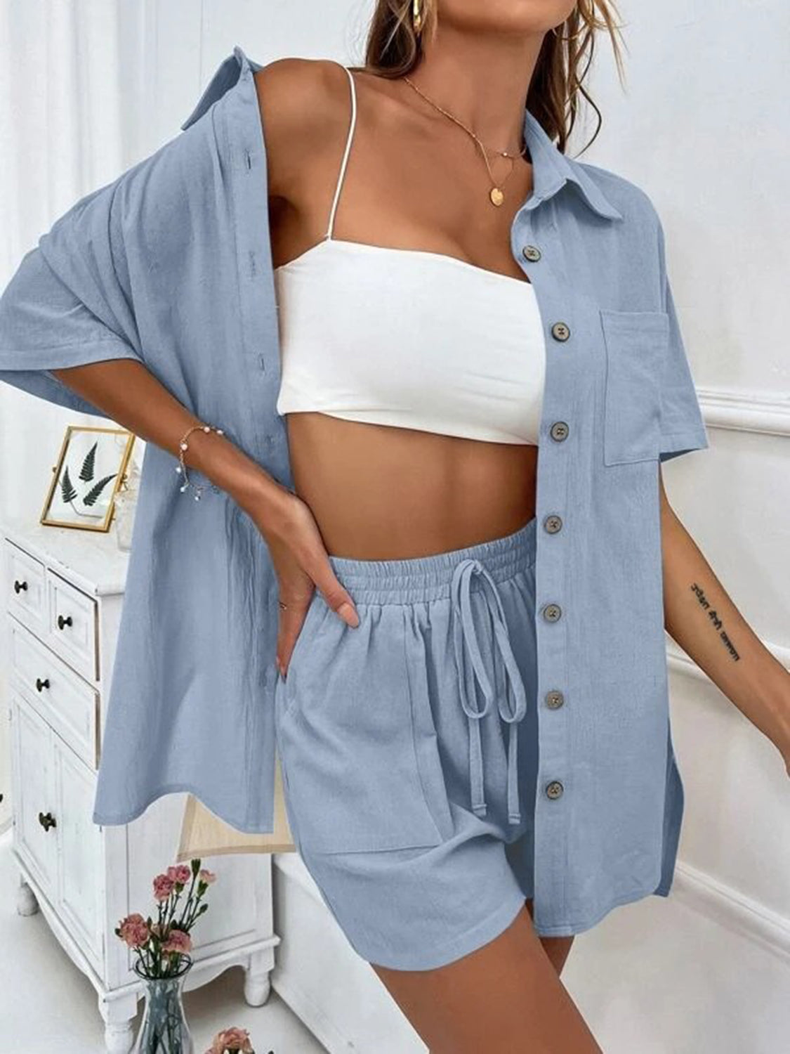 Button Up Shirt and Drawstring Resort Shorts Set