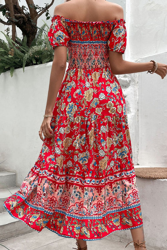 Boho Floral Off-Shoulder Vacation Midi Dress