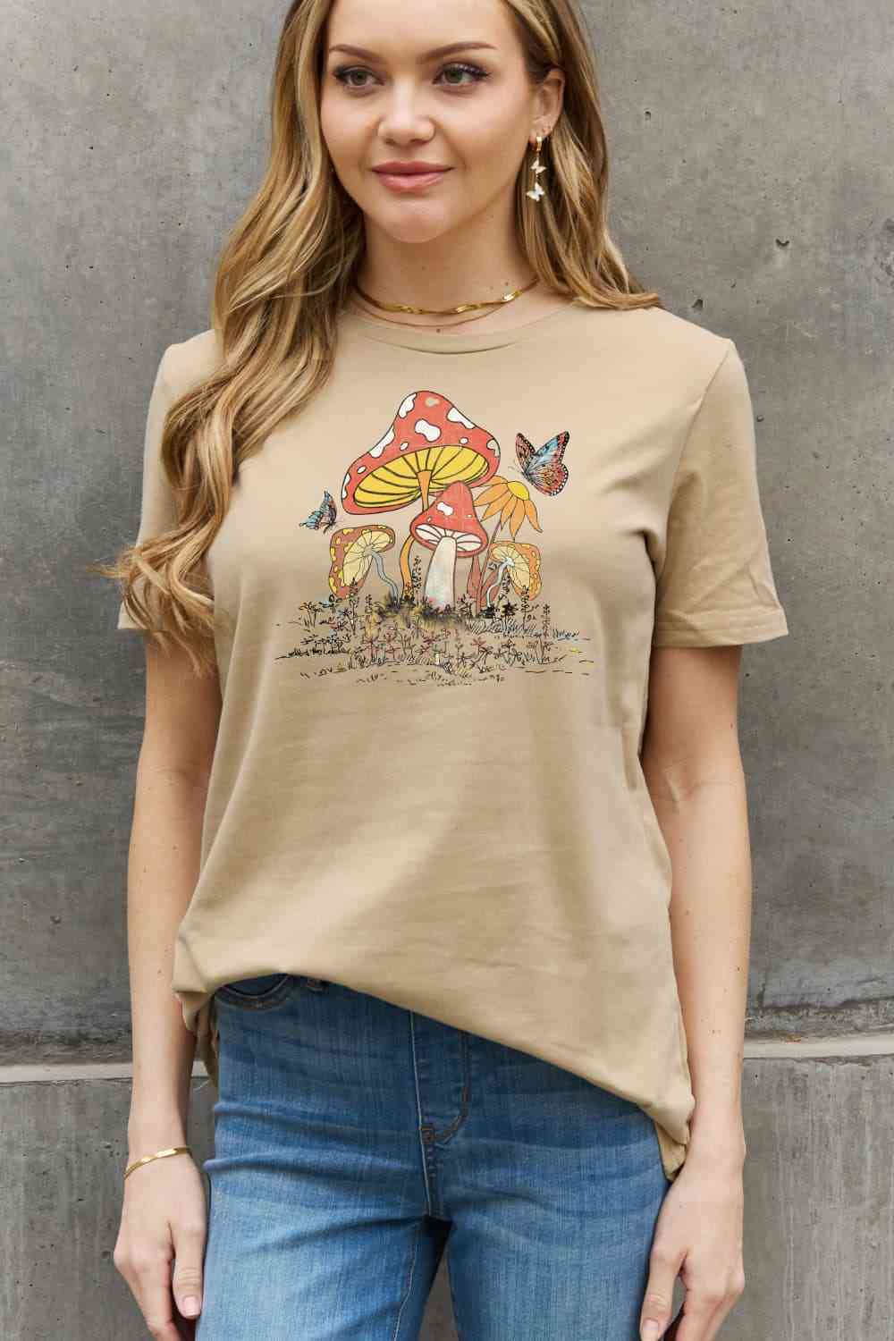 Mushroom & Butterfly Graphic Cotton T-Shirt