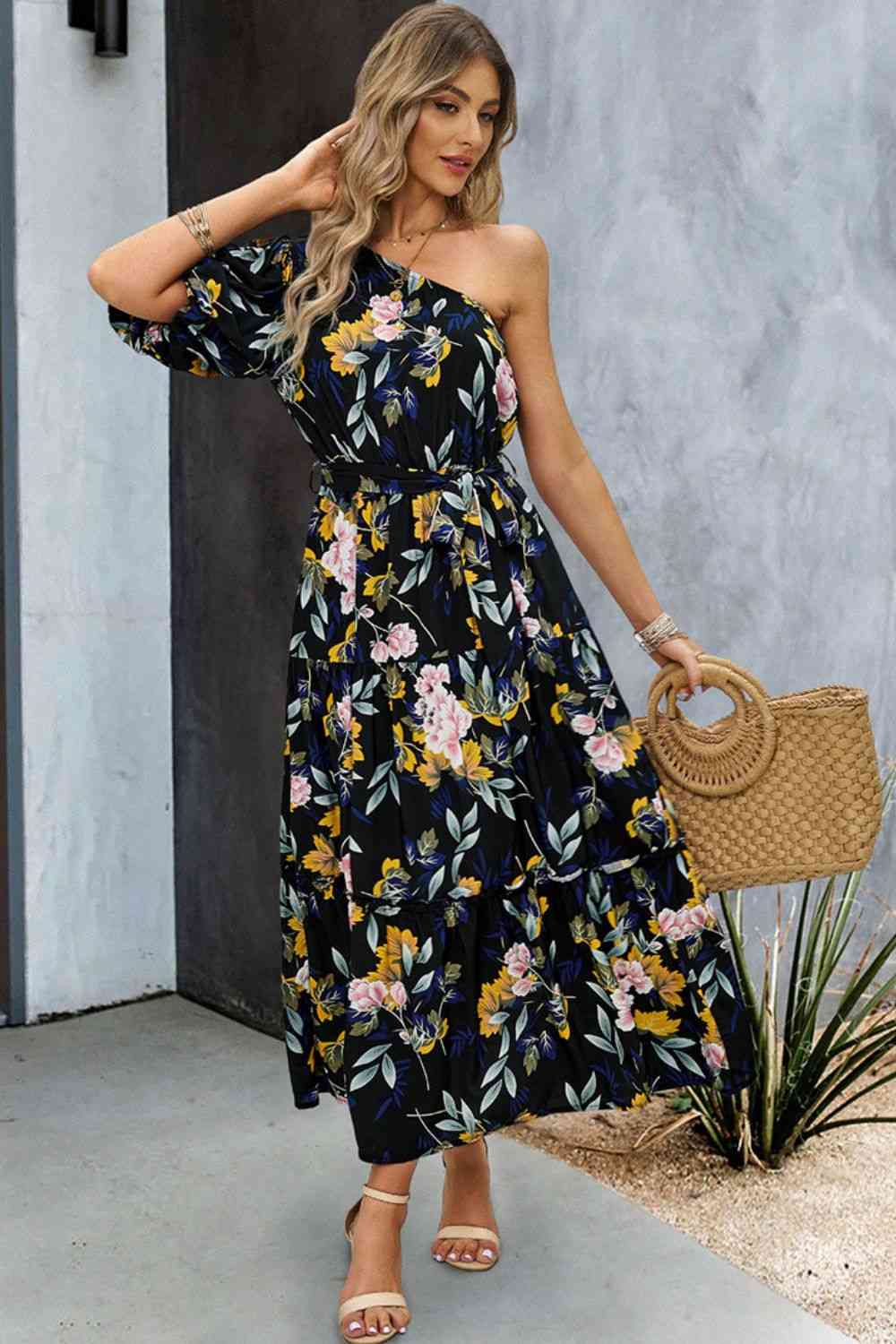 One-Shoulder Tie Belt Resort Maxi Dress