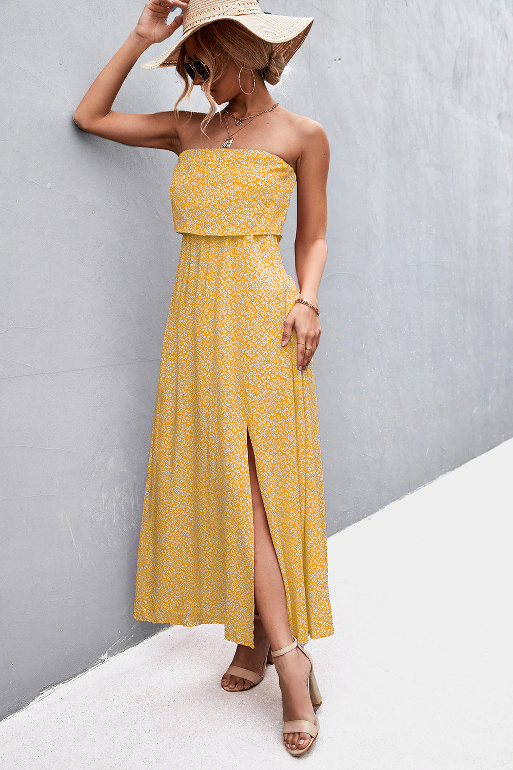 Delicate Floral Strapless Resort Maxi Dress