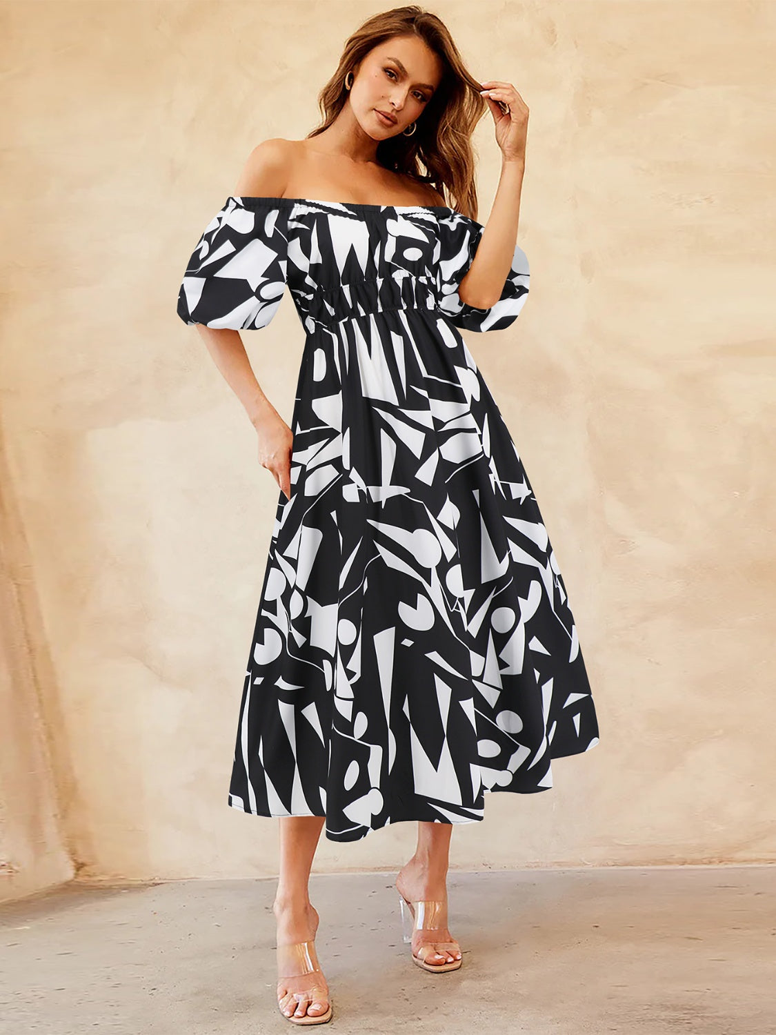 Tropical Off-Shoulder Balloon Sleeve Dress