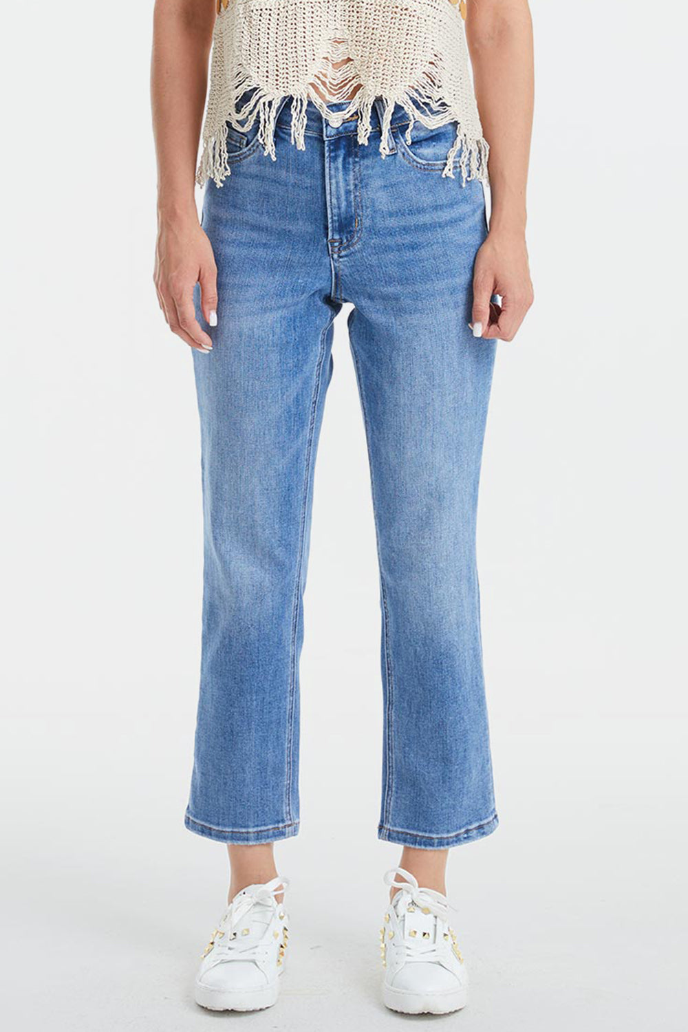 Full Size High Waist Raw Hem Straight Mom Jeans