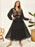 Plus Size Embroidered Tassel Balloon Sleeve Long Dress