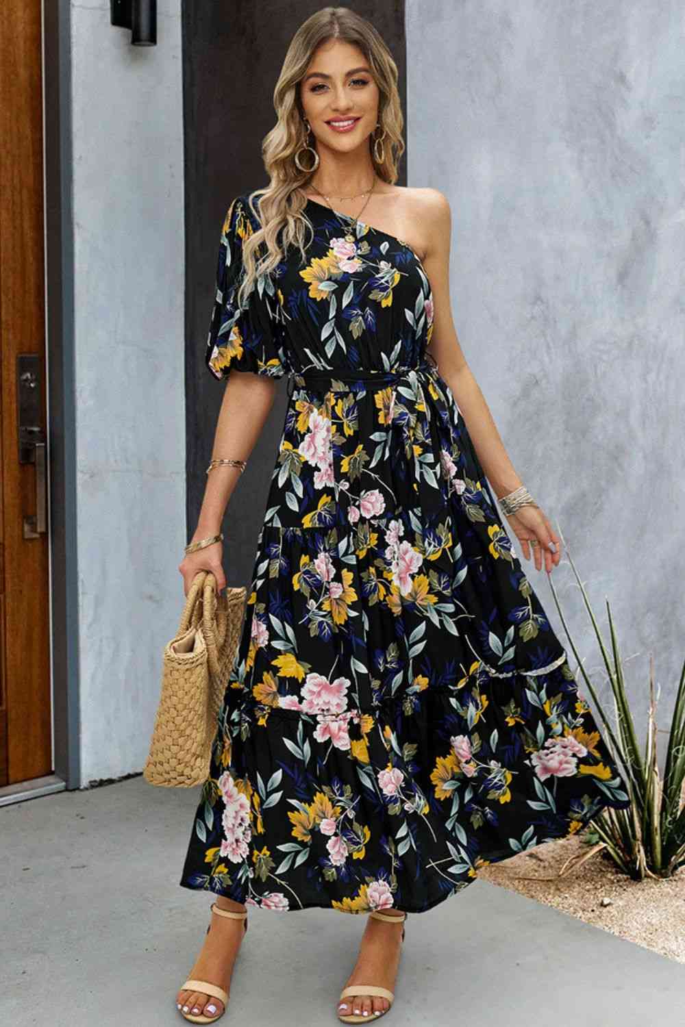 One-Shoulder Tie Belt Resort Maxi Dress