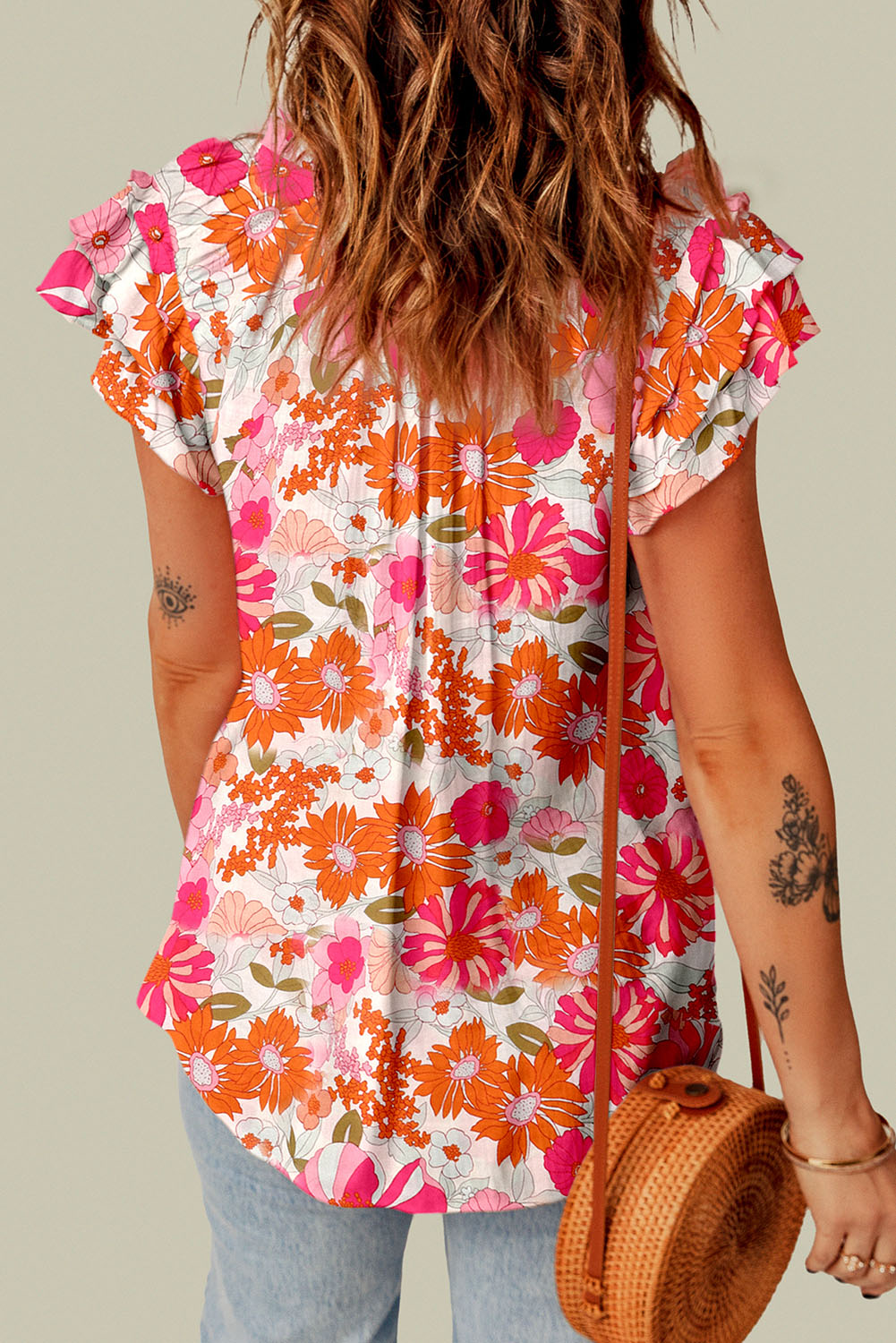 Floral Tie Neck Vacation Blouse