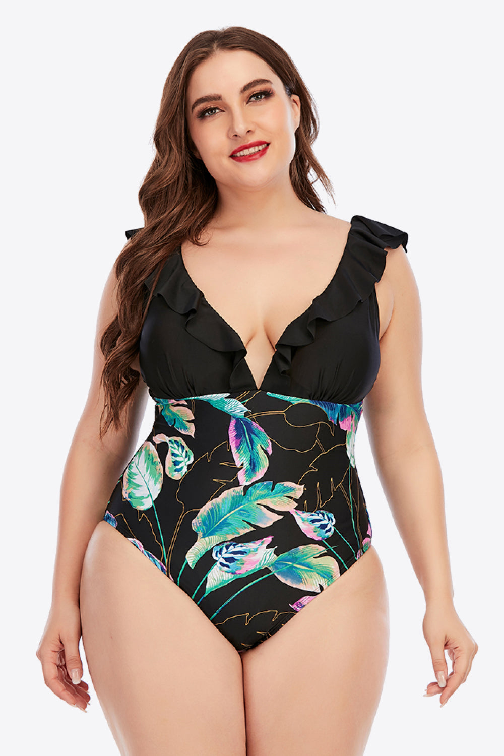 Plus Size Printed Ruffled Deep V One-Piece Swimsuit