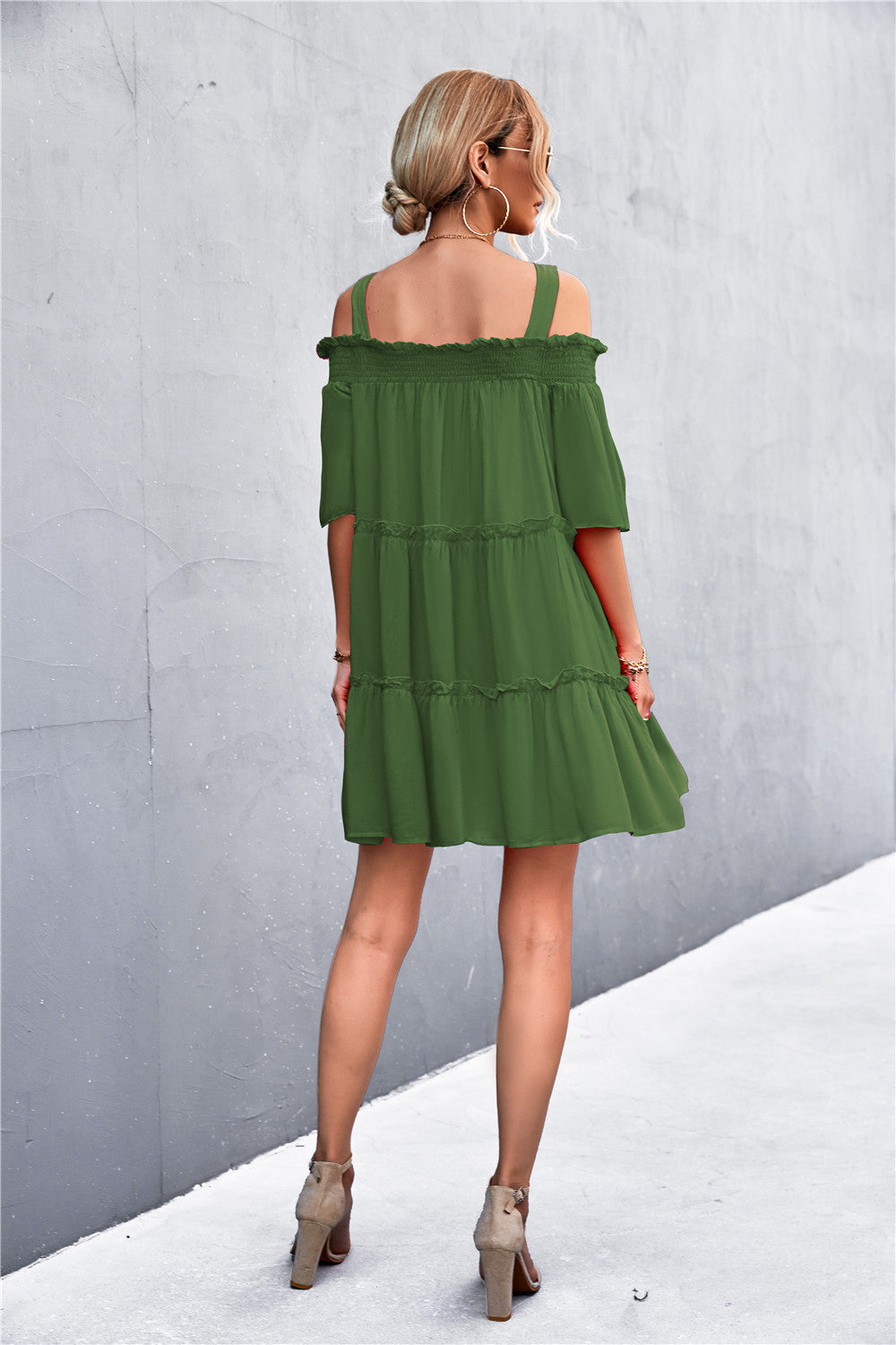 Cold-Shoulder Frill Trim Tiered Dress