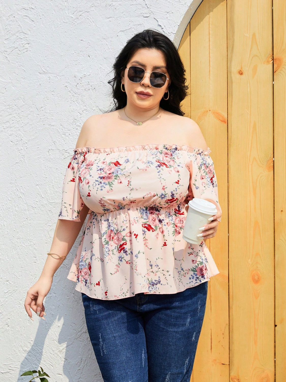 Plus Size Frill Printed Summer Top